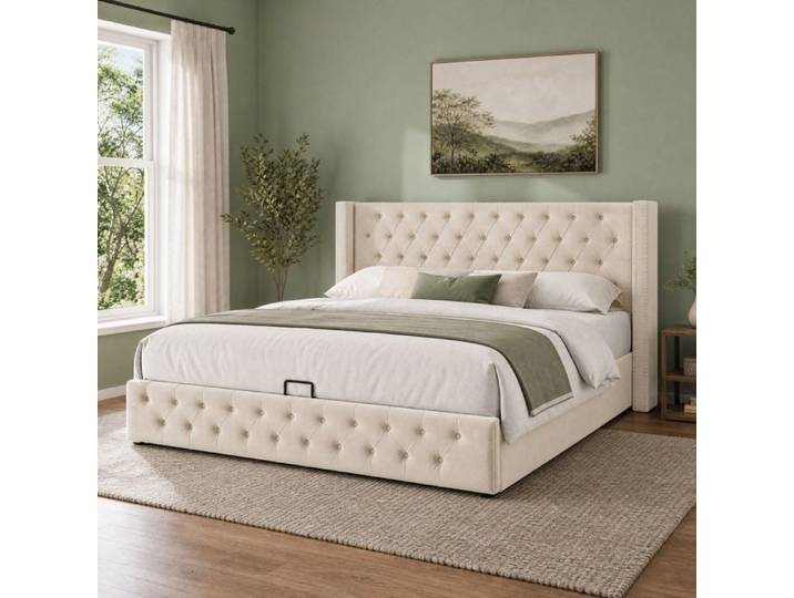 Lit coffre 160x200 cm beige VUENOR – velours capitonné tête de lit haute sans matelas