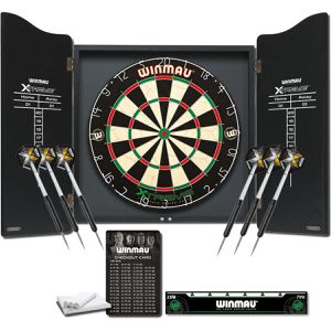 WINMAU Dartscheibe Xtreme Steeldartboard Set, aus Sisal, mit 6 Dartpfeilen & Kabinett, für Steeldarts