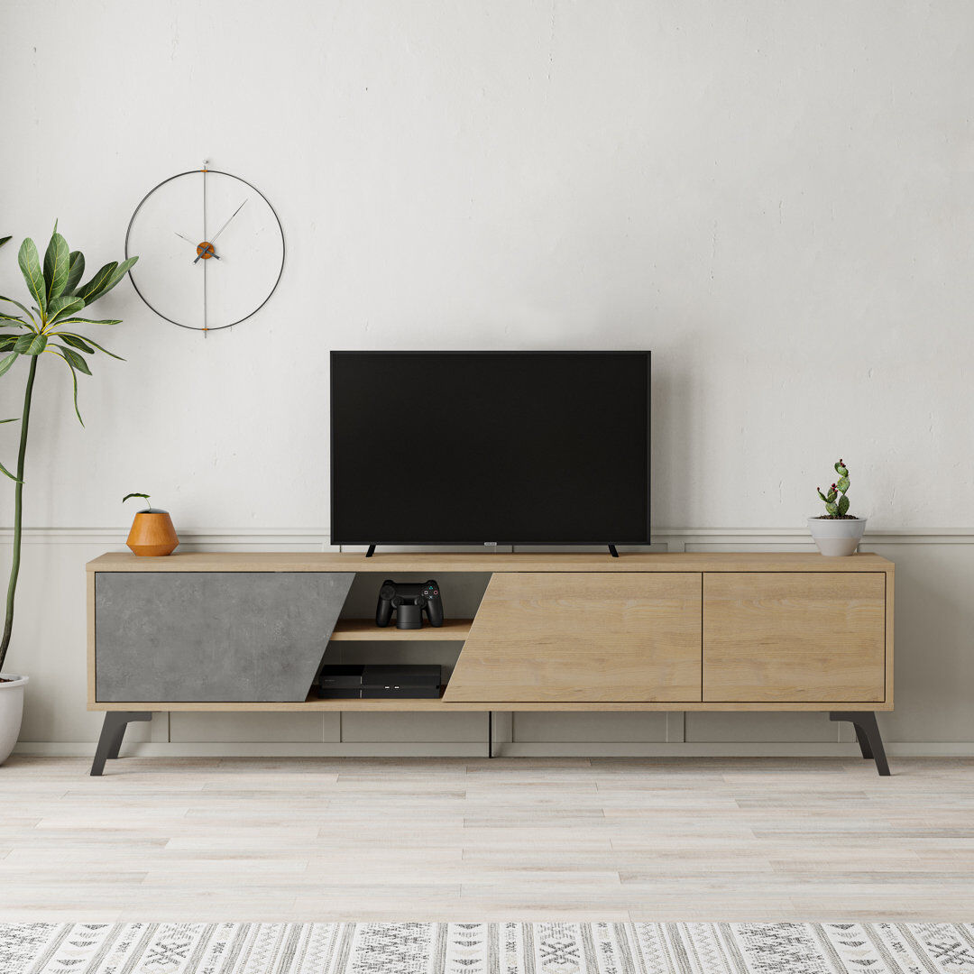 Ivy Bronx Ling 180 cm Wide Modern TV Stand Stylish Entertainment Unit for Contemporary Living Rooms Retro Grey/Oak 75"