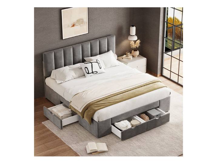 OKWISH Polsterbett Doppelbett Stauraumbett Bett mit Lattenrost (Mit 4 Schubladen (140x200 cm)