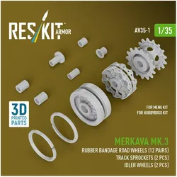 ResKit Merkava Mk.3 rubber bandage road wheels (12 pairs), track sprockets (2 pcs), idler wheels (2 pcs) fo