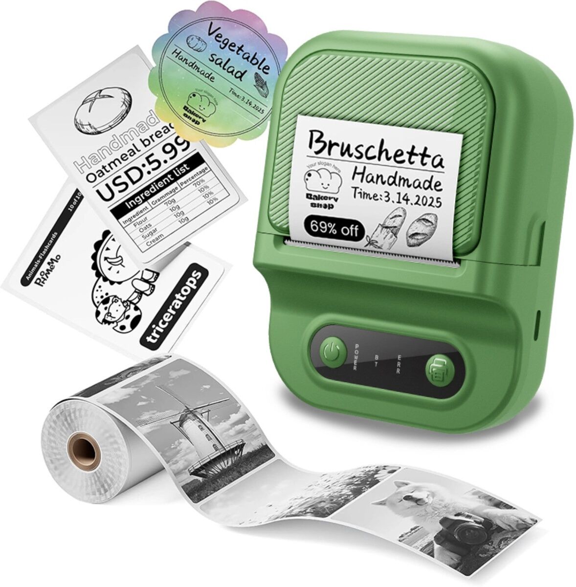 INF Thermoetikettendrucker mit Bluetooth-Dualmodus, 203 dpi, Type-C-Anschluss und vielseitiger App Grün