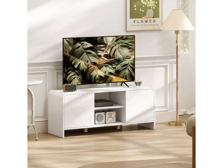 HOMCOM Meuble TV Blanc 55 2 Portes Étagère Réglable 110cm