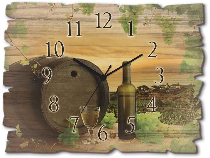 Wanduhr ARTLAND Holzuhr Wein Trauben Reben Weinberg , grün, B:40cm H:30cm T:0,6cm, Wanduhren, Wanduhr, wahlweise mit Quarz- oder Funkuhrwerk, lautlos ohne Tickgeräusche