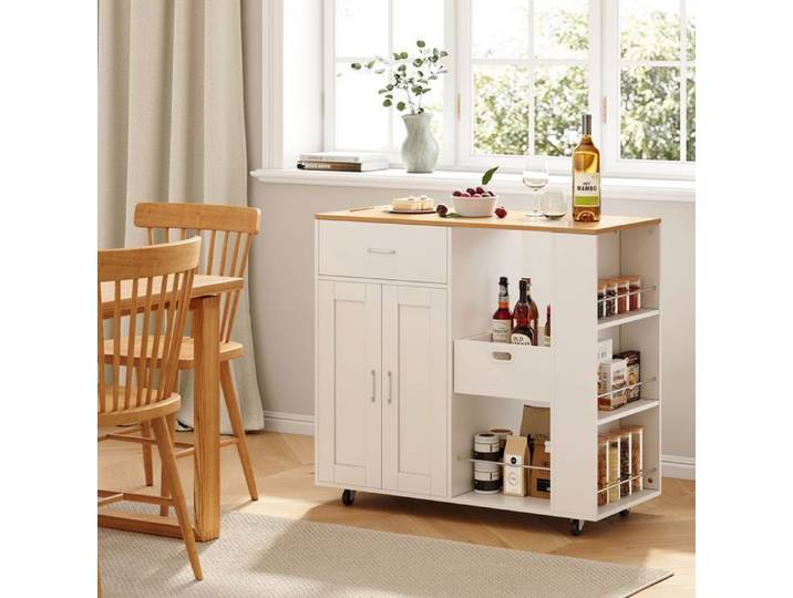 Buffet bahut 102×46×92cm avec tiroirs desserte cuisine à roulettes buffet cuisine avec étagères ouvertes salle à manger bois Blanc