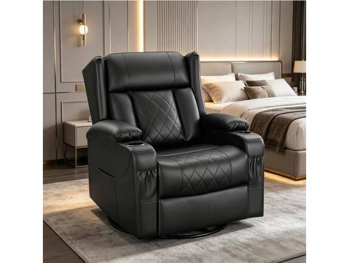 WOVREO Fauteuil relax pivotant 360° 1 place inclinable avec repose-pieds escamotable PU noir