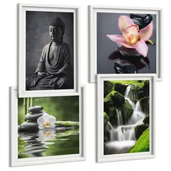 BILDER SET 4er Set - 50x50 cm & 40x60 cm Weißer Rahmen - Zen-Gemälde, Wassersteine, Buddha