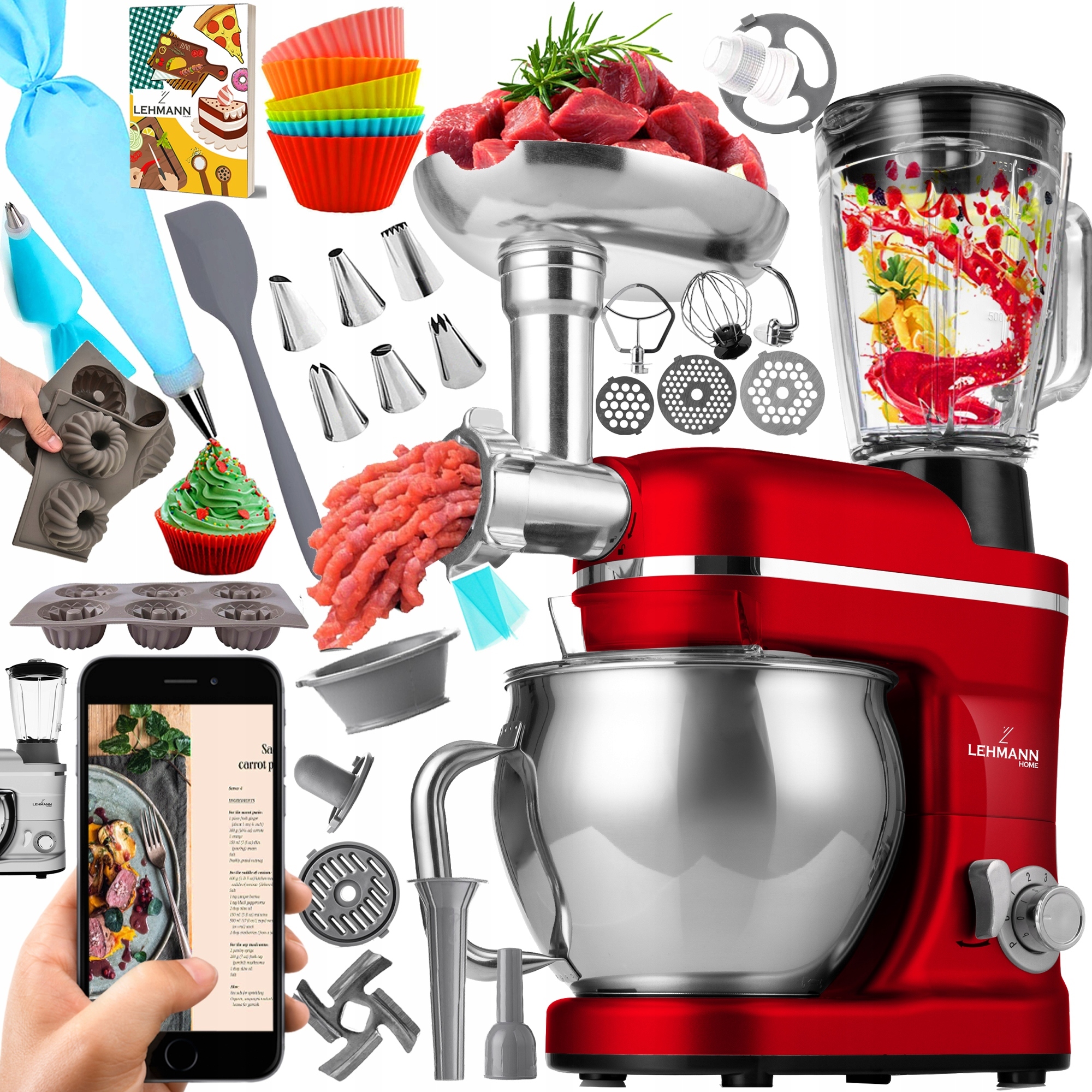 Planeten-Küchenroboter Lehmann 3000W Mixer Fleischwolf Rot