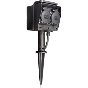 McPower Gartensteckdose 1300437, schwarz, mit Erdspieß, 2-fach, aus Kunststoff, IP44, mit Zeitschaltuhr & 3 m Kabel