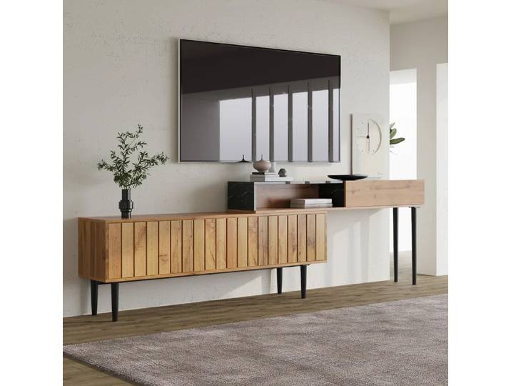 Meuble TV moderne avec motif sculpté en marbre et bois, bord en PVC, pieds en fer, couleur bois foncé, peu encombrant, durable et durable