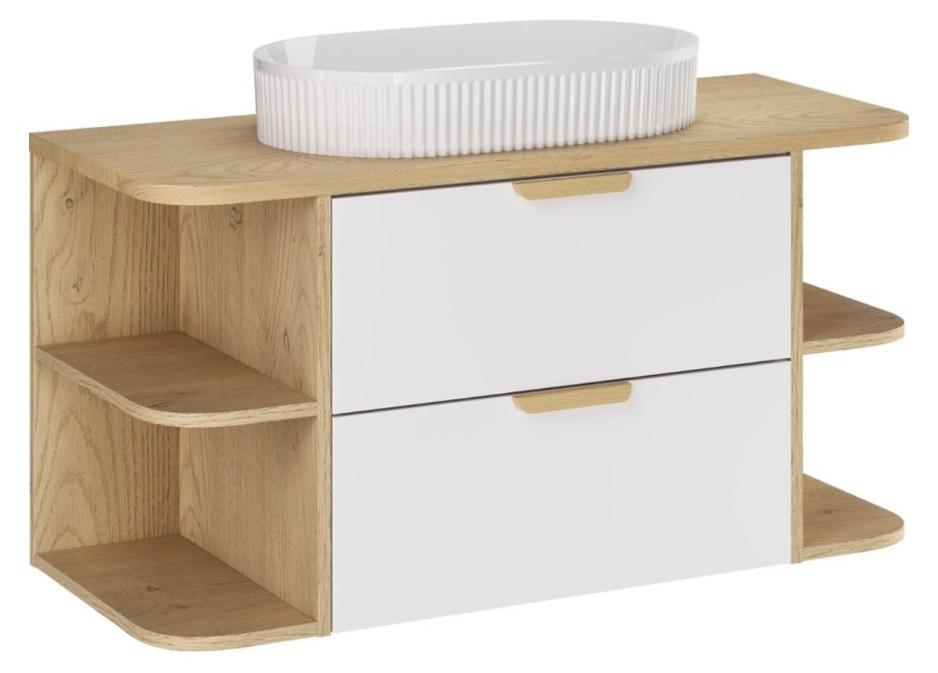 Set OSTER 100cm: Unterschränke mit Schubladen und offenen Fächern + Platte für Waschbecken + aufsatzwaschbecken in Weiß