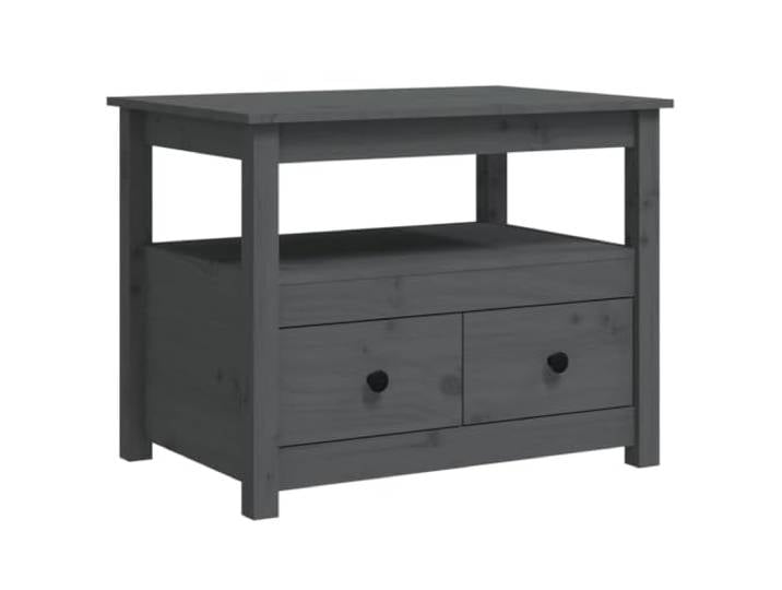 KUTYWEXFM Couchtisch Grau 71x49x55 cm Kiefer Massivholz Sofatisch Praktischer Wohnzimmertisch mit 2 Schubladen und offener Ablage für Ordnung und Dekoration neben der Couch.