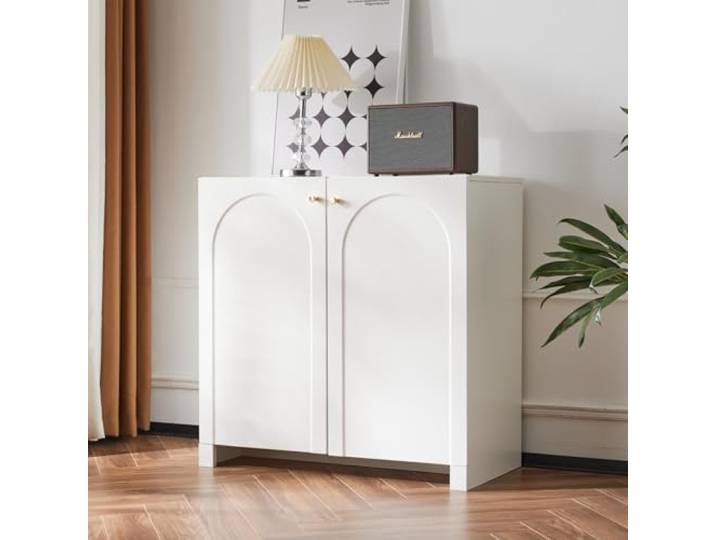 OLIVIBED Sideboard Weiss, Kommode mit 2 Türen und Metallenen Griffen, Modernes Küchenschrank mit Stauraum, für Wohnzimmer und Schlafzimmer, Geschwungenes Design, 80x80x40cm, Weiß