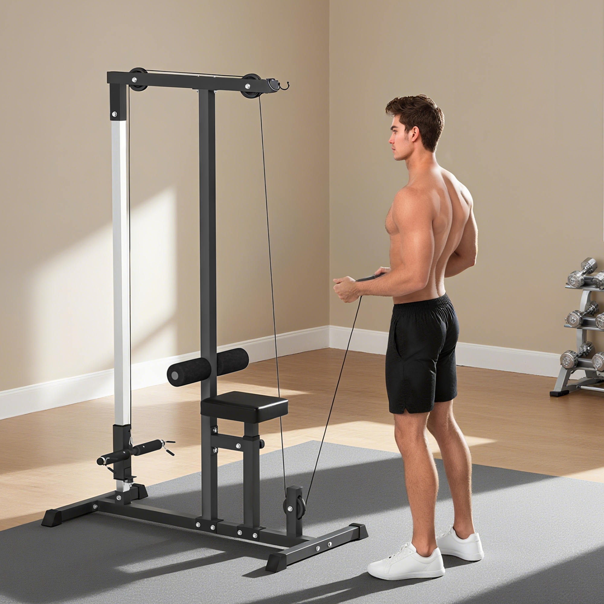 Homcom Stazione Fitness Pull Down da Casa con Panca e Cavo Regolabile, Stazione Cavi Palestra in Acciaio 107x120x190cm Nero Aosom