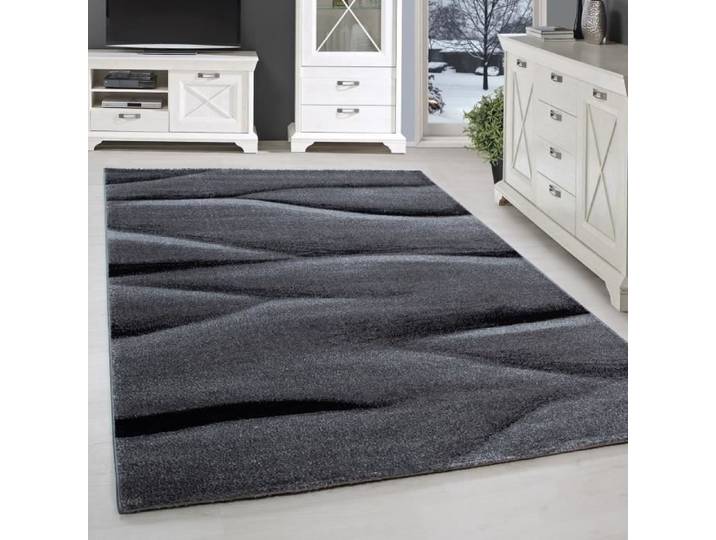 Tapis moderne designer court fleuri géométrique abstrait vague optique noir gris [200x290 cm]
