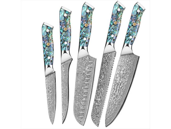 KingLux Messer-Set 5tlg. Damast Messerset aus VG10 Damaststahl mit Abalone-Muschel griff (5-tlg)