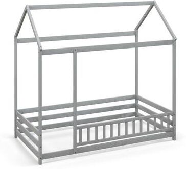Costway Twin Size Kids House Bed Wooden Floor Bed with Roof and Full-length Safety Guardrail-Gray