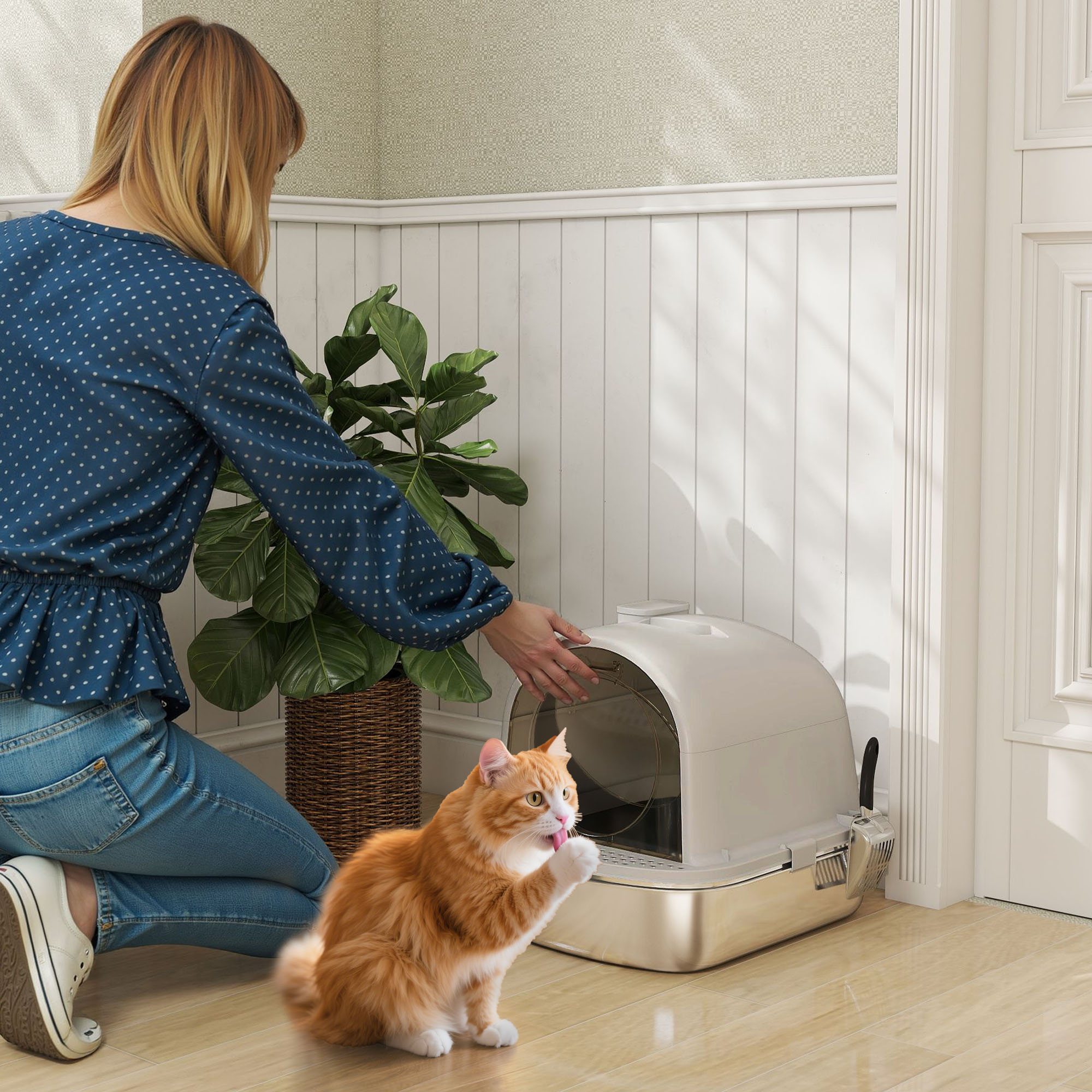Pawhut Lettiera Gatto Chiusa L in Acciaio Inox con Maniglia, Paletta, Pacchetto Deodorante, Antiperdita, Grigio   Aosom Italy