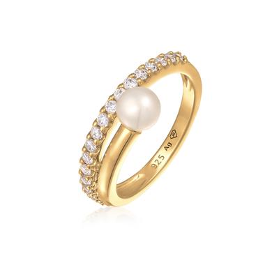 Perlenring ELLI PREMIUM "Ring Süßwasserperle Zirkonia 925 Silber" Gr. 52, gold, Fingerringe, Damen, 52, ohne Stein, Silber 925 (Sterlingsilber), 6mm, Perlenring