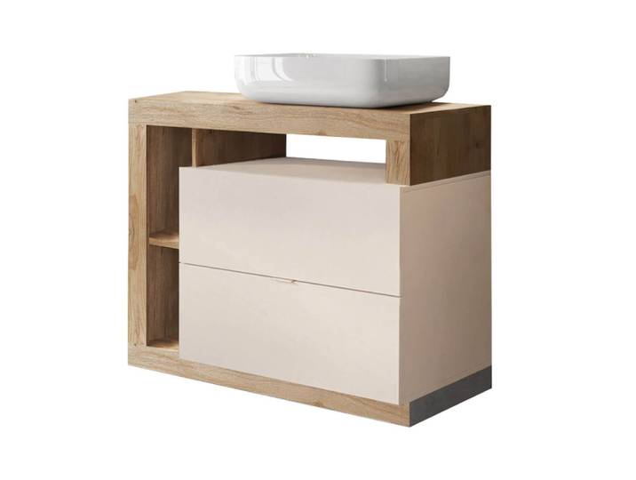 Meuble vasque 92cm 2 tiroirs beige laqué et aspect bois cadiz