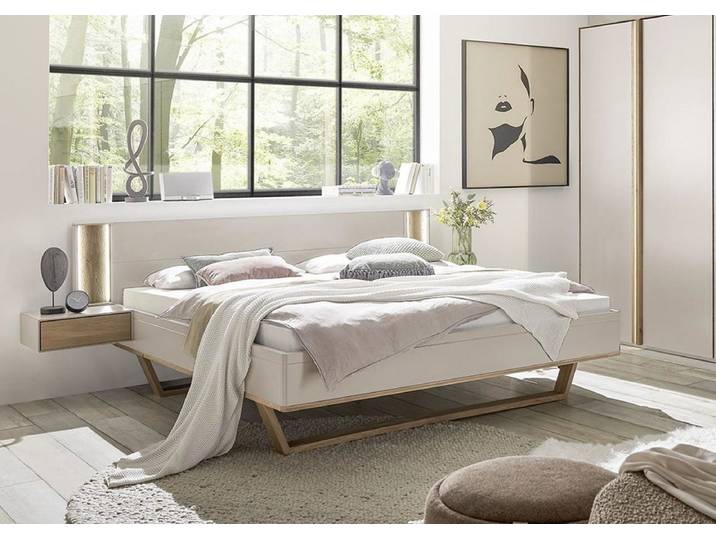 Bett 140x200cm inkl.Beleuchtung & Nakos 'Wynwood' Wildeiche & MDF creme