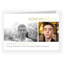 Einladungskarte Konfirmation: Goldenes Kreuz mit Fotos in Weiß
