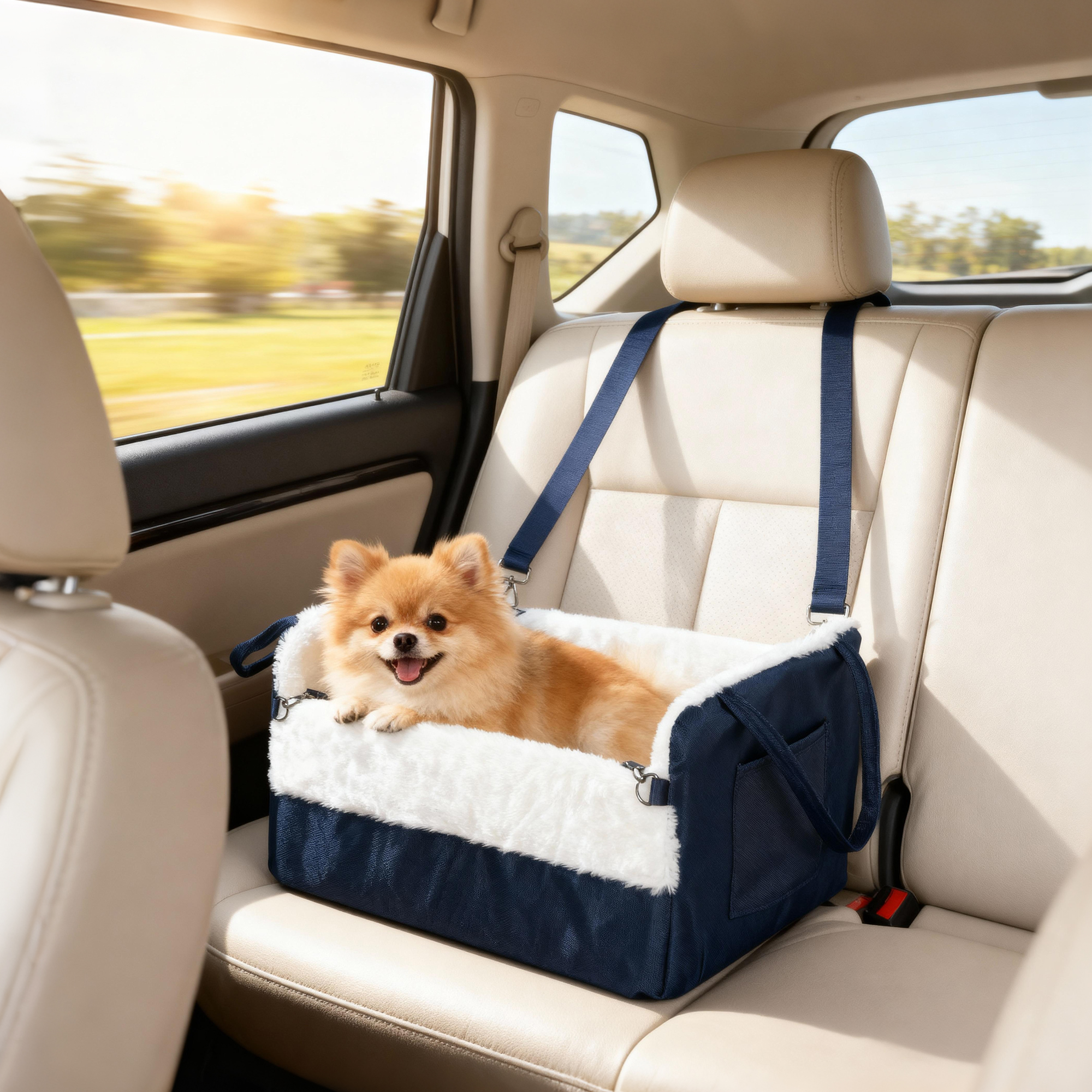 Pawhut Seggiolino auto per cane con cintura di sicurezza e fissaggio, 55 x 46 x 32 cm, Blu scuro   Aosom Italy
