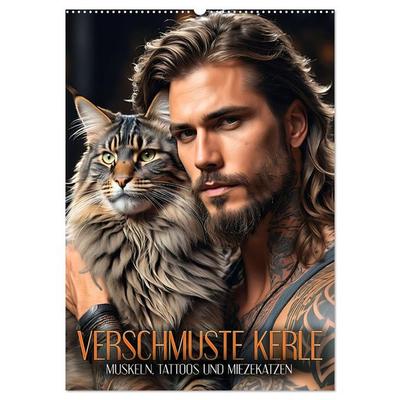 Verschmuste Kerle - Muskeln, Tattoos und Miezekatzen (Wandkalender 2026 DIN A2 hoch), CALVENDO Monatskalender