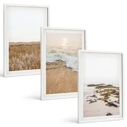 BILDER SET 3er Set - 40x60 cm Weißer Rahmen - Strandwellen, Steine, Sommer
