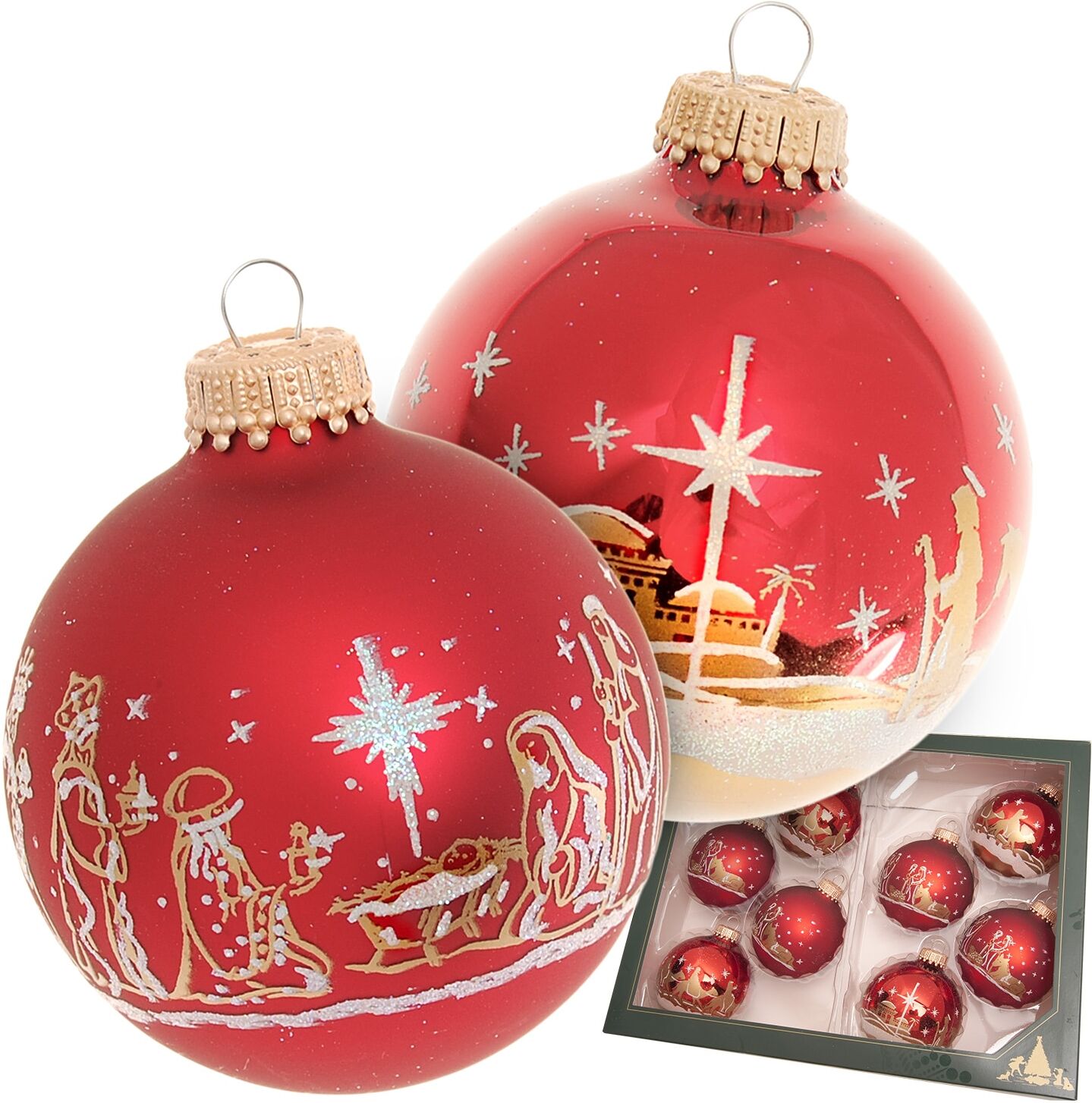 Weihnachtsbaumkugel KREBS GLAS LAUSCHA "Heilige Nacht, Weihnachtsdeko rot, Christbaumschmuck", rot (rot, goldfarben), Ø:7cm, Glas, Weihnachtsbaumkugeln, Weihnachtsbaumkugel, hochwertige Christbaumkugeln aus Glas, mundgeblasen rot, goldfarben 7cm