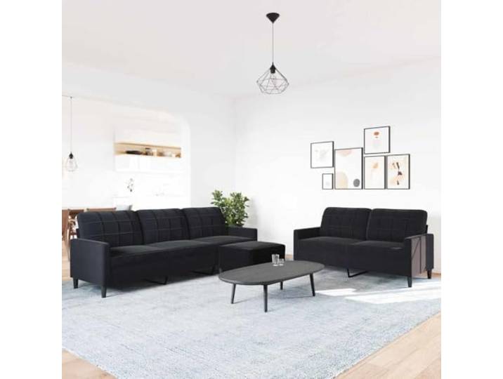 KTHLBRH 3-teiliges Sofaset aus schwarzem Samt Robustes Metall, Schaumstoff, Fußstütze inklusive, 2-Sitzer und 3-Sitzer