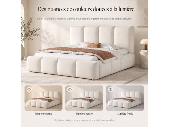 WUVRIE Lit coffre hydraulique 160 x 200 cm avec sommier à lattes tête de lit bouclé blanc