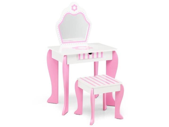DREAMADE Ensemble de Coiffeuse et Tabouret avec Miroir & Plateau Amovible et Motifs de Fleurs Mignons pour Enfants de 3 à 7 Ans