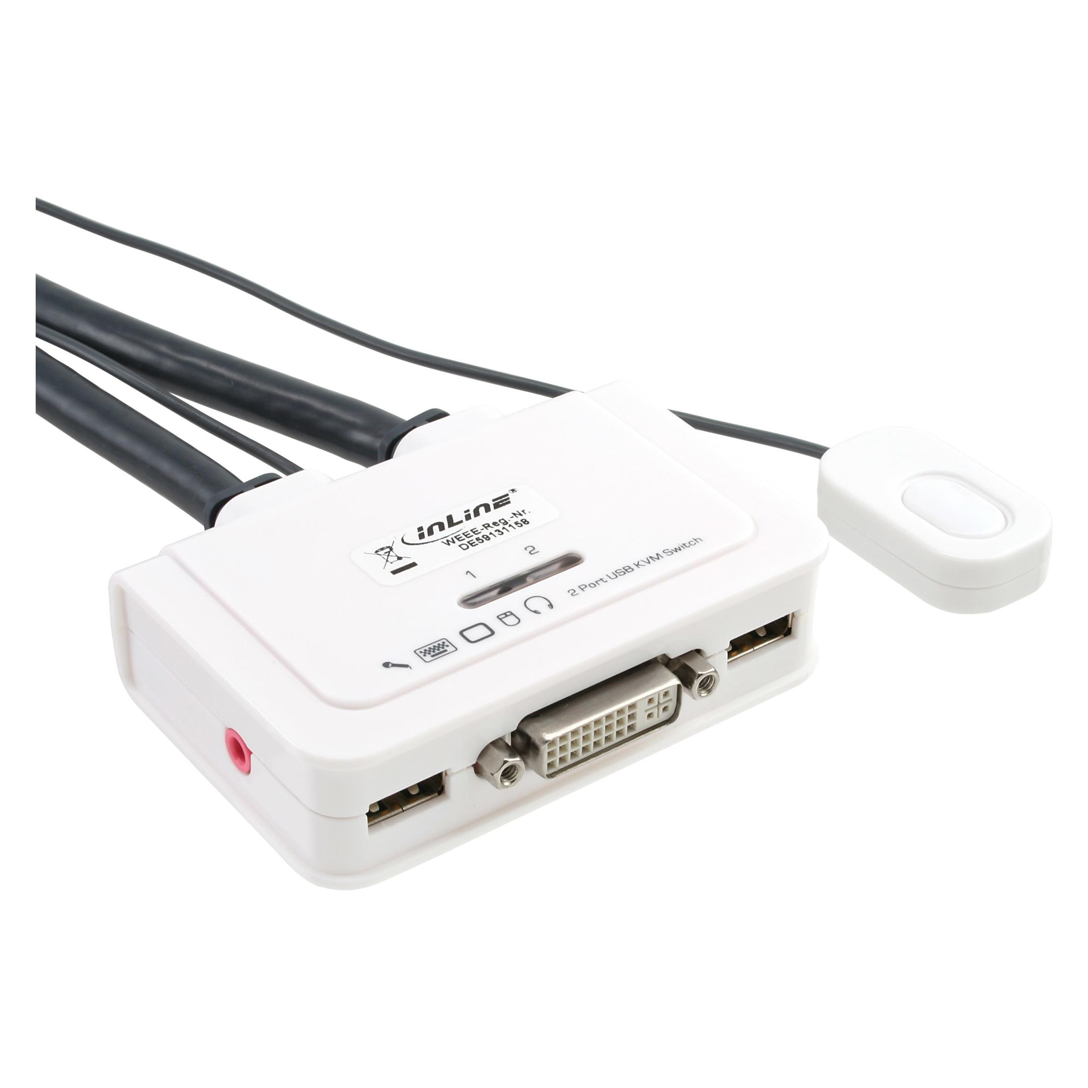 InLine KVM Switch 2-fach DVI-D USB mit Audio und integrierten Kabelsaetzen 0,9m weiss (61613I)