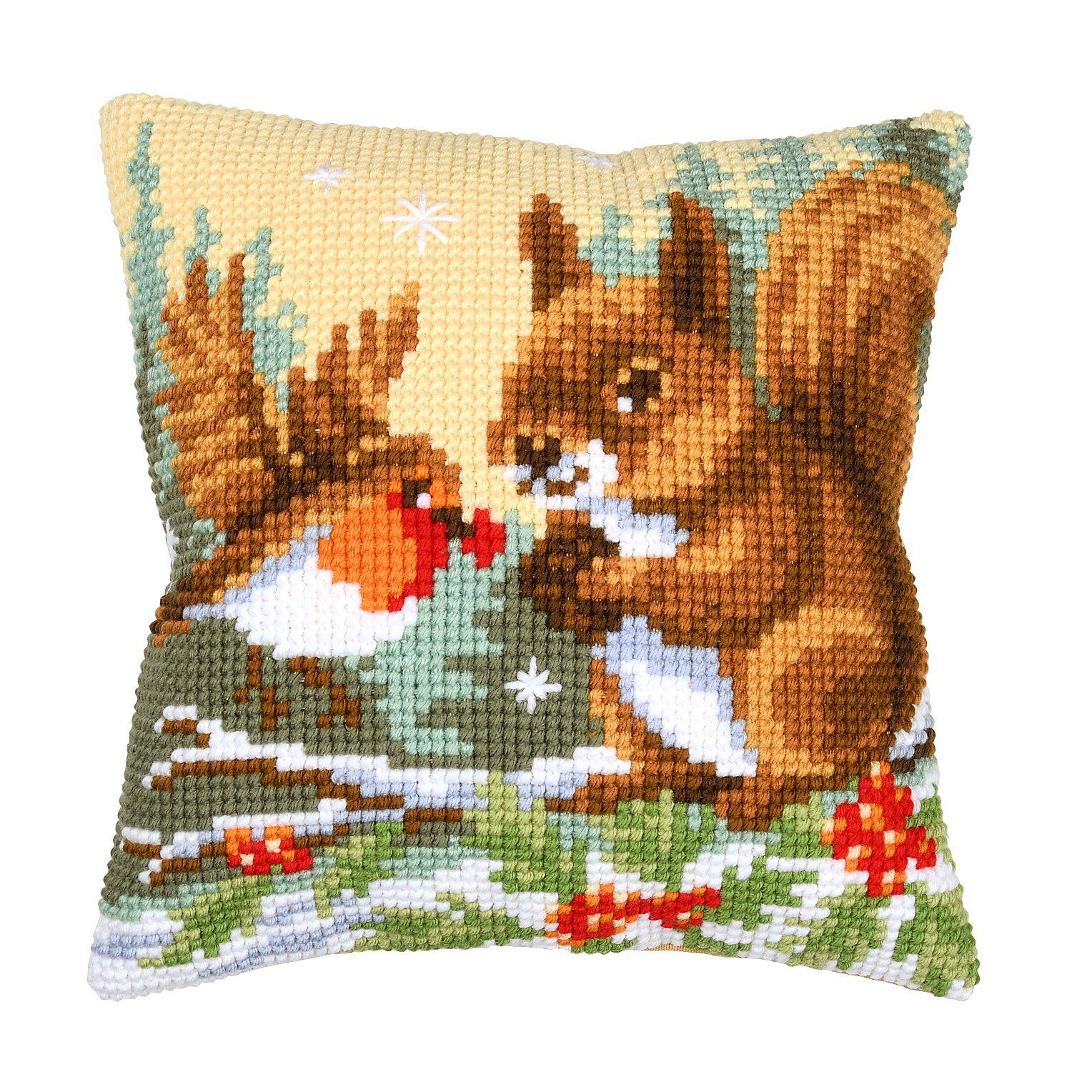 Kreuzstichkissen "Eichhörnchen & Vogel"