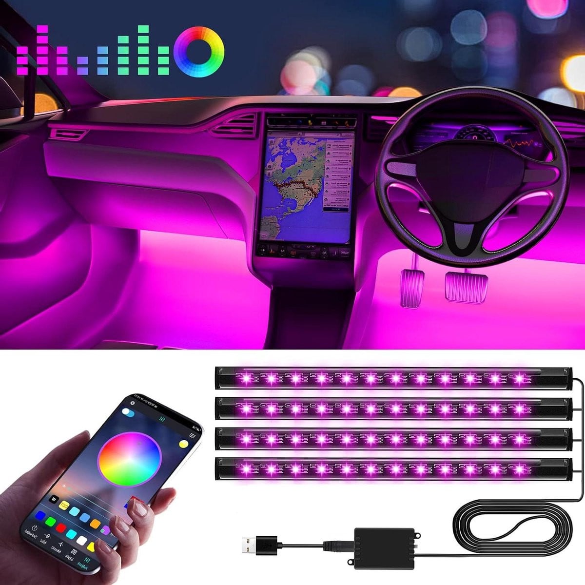Universele LED Auto Interieurverlichting met App Bediening - Meerkleurige Sfeerverlichting