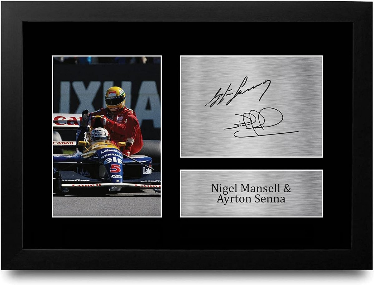 Ingelijste A4 Formule 1 Foto met Gedrukte Handtekeningen van Racelegenden