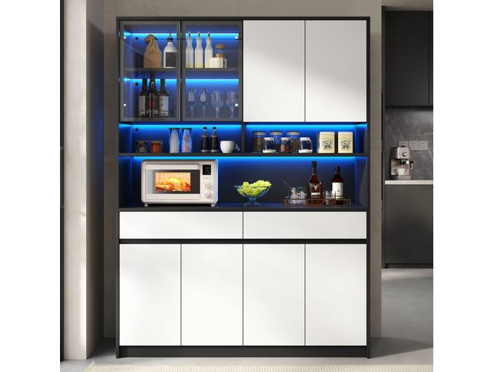 Meubliv Buffet Haut 120x38x160 Cm Noir Et Blanc – Led\, Vitrine En Verre\, 2 Tiroirs