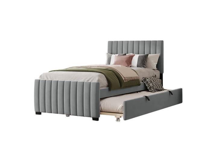 Redom Polsterbett 90/190 cm mit Ausziehbett und Samtbezug, Grau, 90x190 cm, Schlafzimmer, Betten, Polsterbetten