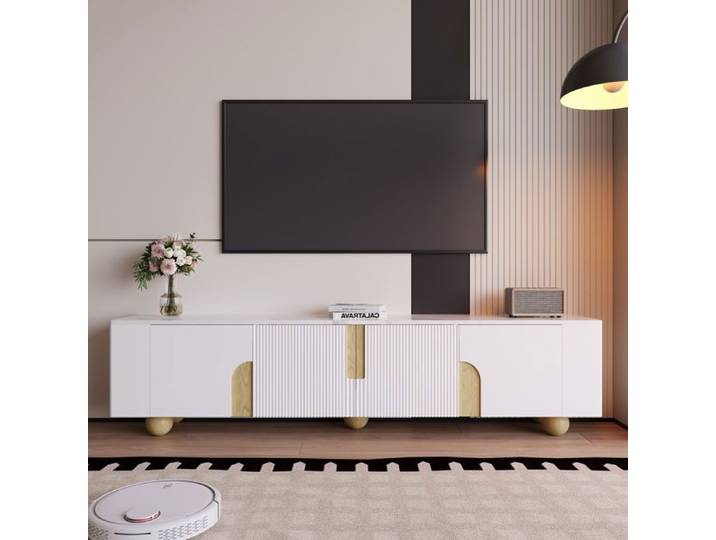 Meuble TV Blanc 180x40x44cm Finition Marbre 4 Portes Pieds Sphériques Bois Design Moderne