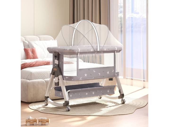 oyajia Beistellbett 3 in 1 Beistellbett Stubenwagen Babybett Baby Reisebett, 6-stufige Höhenverstellung, mit Rollen, Moskitonetz und Matratze