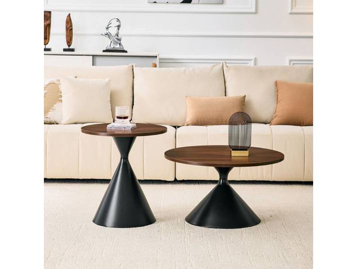 ROVRYN Lot de 2 tables basses gigognes rondes aspect noyer et metal noir design conique