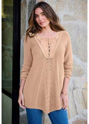 Plus Size Women's Plus Size Lace Yoke Pullover Sweater by Roaman's in New Khaki (Size 1X)