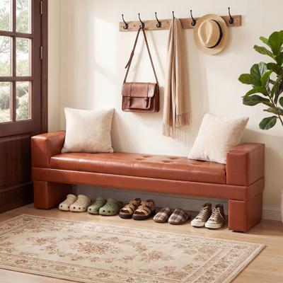 1Easylife "63"" Faux Leather Ottoman Bench, Upholstered Entryway Bench with Arms, Modern Long TuftedShoe Bench, End of Bed Bench"