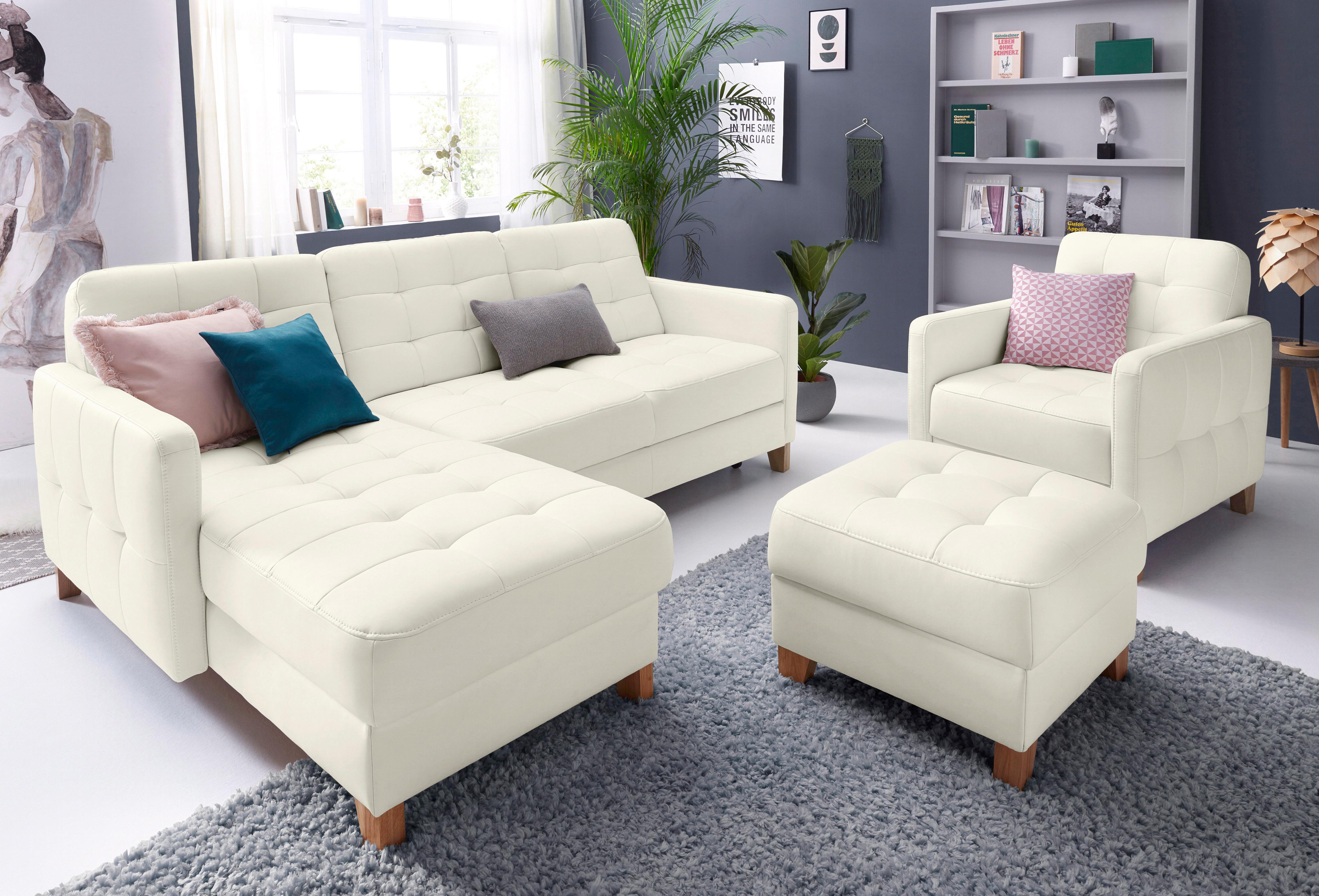 Hocker EXXPO - SOFA FASHION "Elio bequemer Sitzkomfort und aufwendiger Detailverarbeitung", weiss (alpine weiß), B:70cm H:45cm T:70cm, NaturLEDER (echtes Rindsleder) in Sitz und Rücken. Korpus in passendem Kunstleder SOFTLUX bezogen;NaturLEDER (echtes Rin