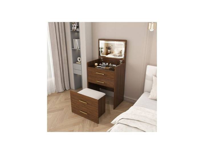 Coiffeuse noyer 60 x 40 x 118 cm avec miroir rabattable tabouret 3 tiroirs