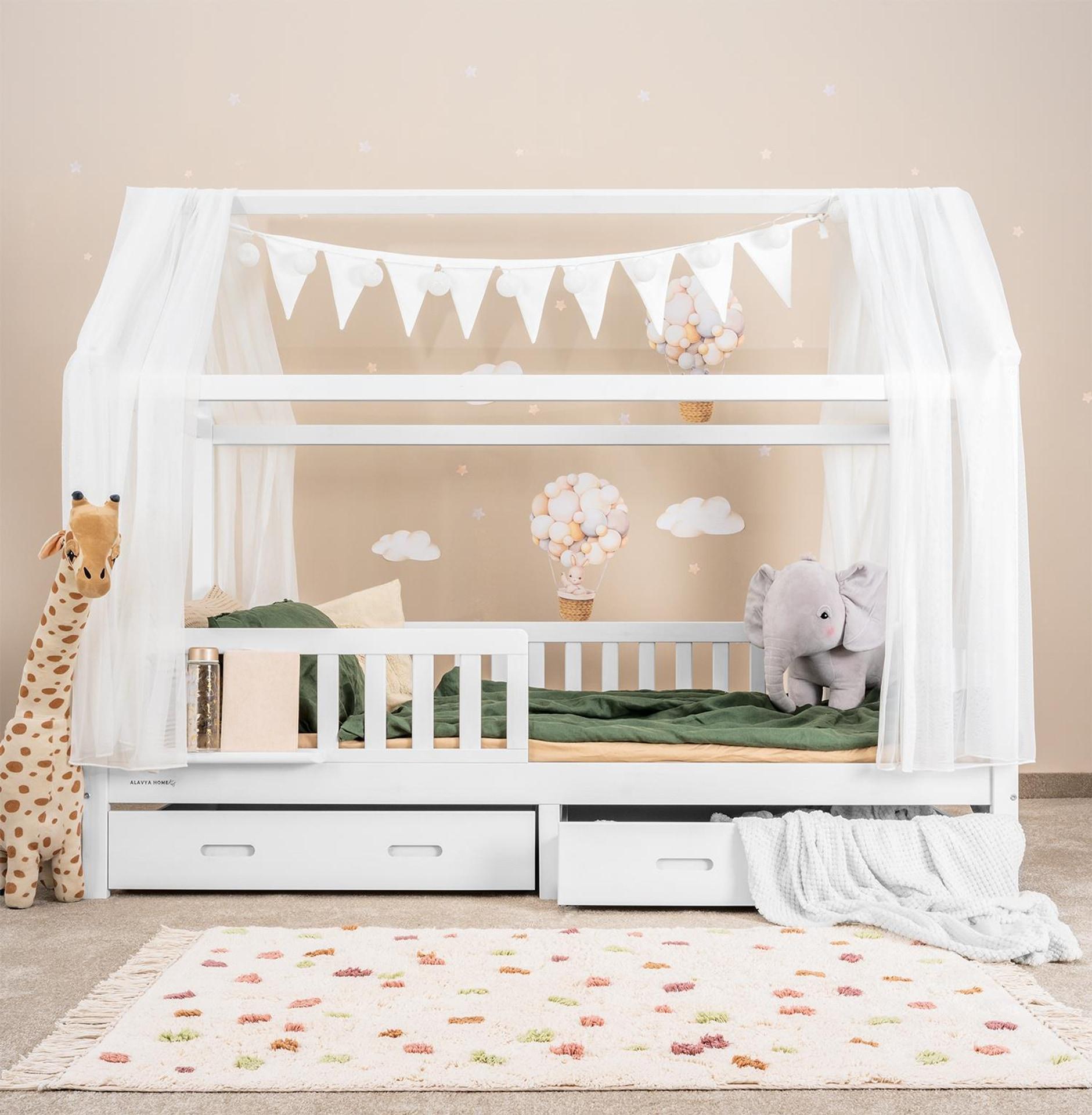 Alavya Home Hausbett CLOUD Komplett-Set 90x200 cm Buche massiv - Senfgelb mit Musselin-Dekoset und Kaltschaum-Kindermatratze