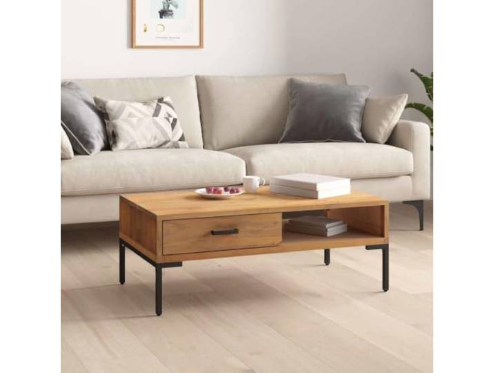 HEFZGDB Massiver Kiefernholz Couchtisch 90x50x35 cm mit Metallfüßen, 1 Schublade und 1 offenem Fach für Stauraum, Industrie-Stil Vintage-Look, stabile Tischplatte, Wohnzimmertisch