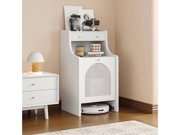 Nachttisch, Vakuum-Versteckschrank for herausnehmbare Regalaufbewahrung Mit Türen Kehrroboter(White)