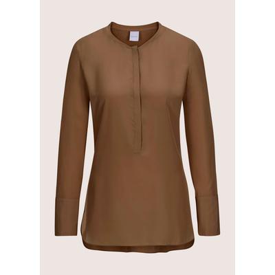 Hemdbluse MADELEINE "Seidenhemd Luxuriöse Bluse mit kragenlosem Design", Damen, Gr. 42, braun (espresso), Obermaterial: 100% Seide silk., Modern, Blusen Hemdbluse